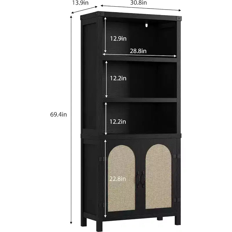 Bibliothèque et étagère double noire de 178 cm de haut avec portes, étagères de présentation ouvertes à 5 niveaux et armoires de rangement pour salon, bureau à domicile