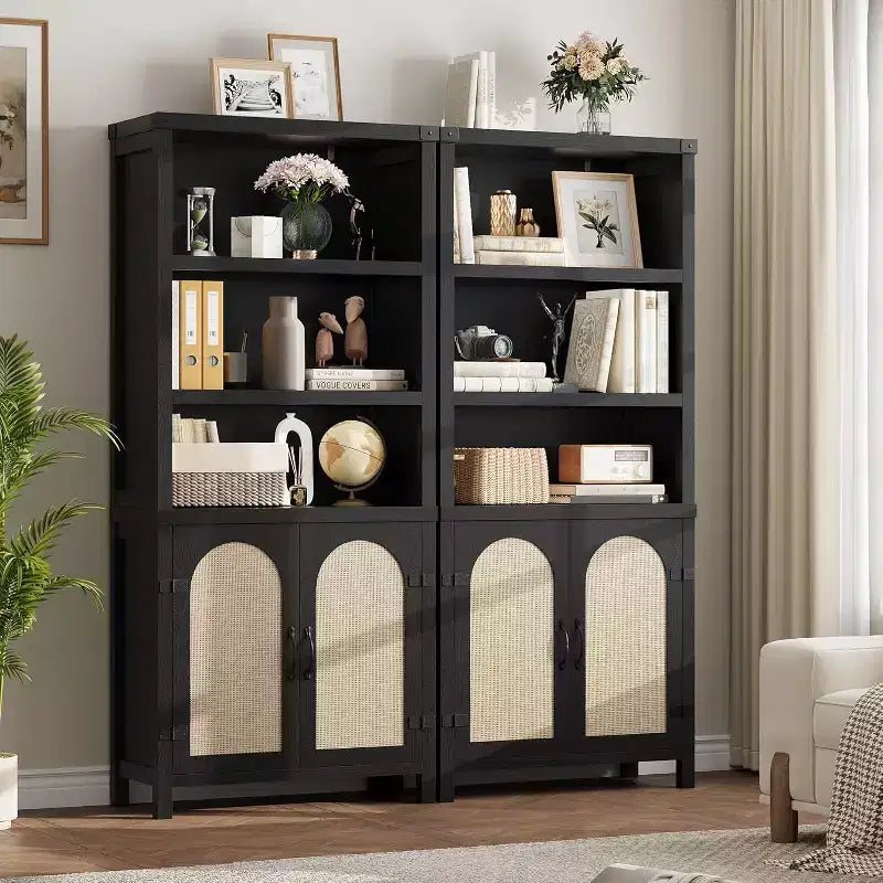 Bibliothèque et étagère double noire de 178 cm de haut avec portes, étagères de présentation ouvertes à 5 niveaux et armoires de rangement pour salon, bureau à domicile