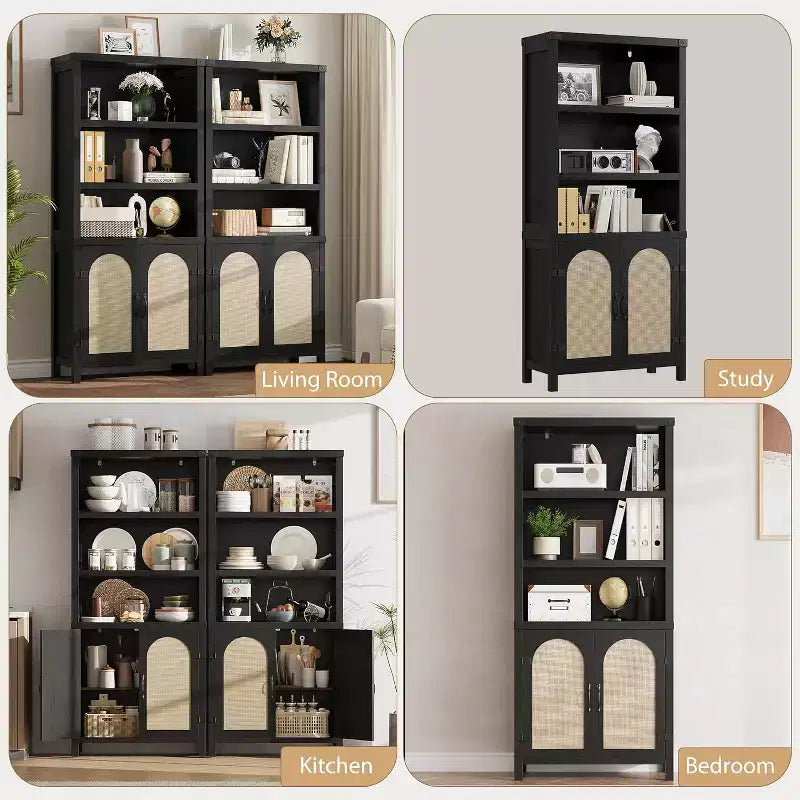 Bibliothèque et étagère double noire de 178 cm de haut avec portes, étagères de présentation ouvertes à 5 niveaux et armoires de rangement pour salon, bureau à domicile