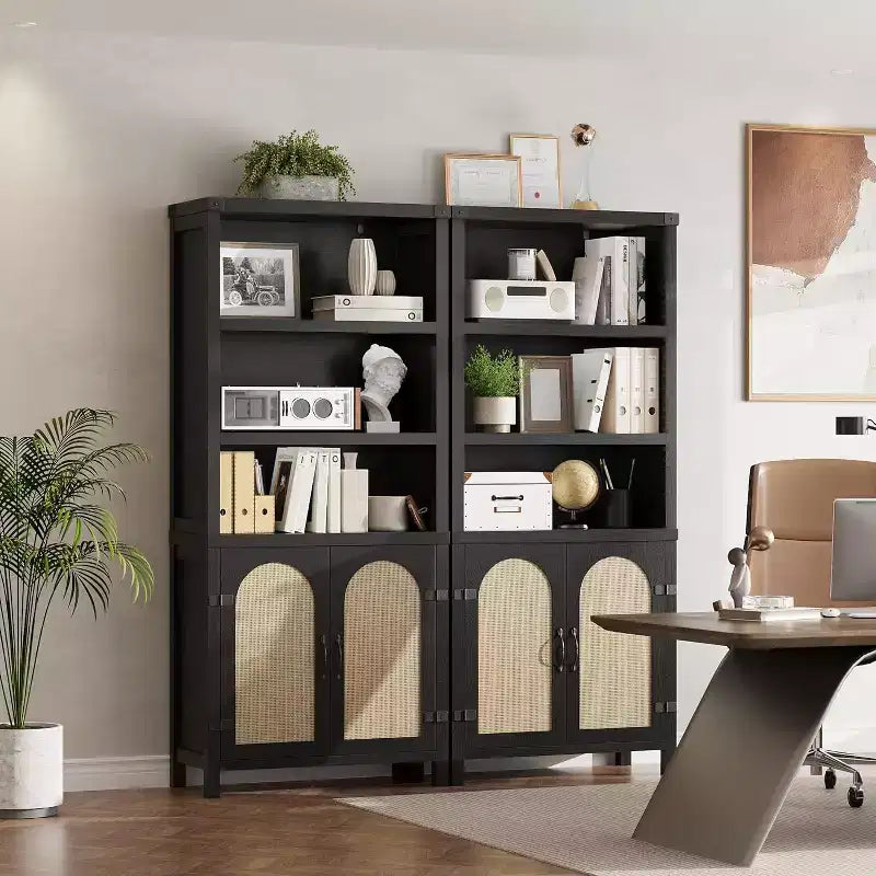 Bibliothèque et étagère double noire de 178 cm de haut avec portes, étagères de présentation ouvertes à 5 niveaux et armoires de rangement pour salon, bureau à domicile
