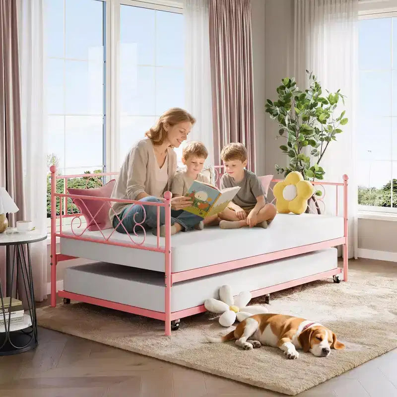 Lit de repos jumeau en métal avec lit gigogne, support à lattes en acier de qualité supérieure, lit gigogne peu encombrant pour salon, chambre à coucher et chambre d'amis