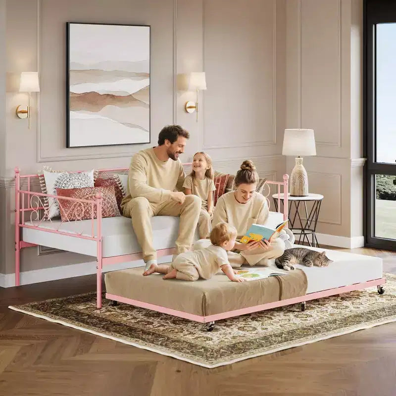 Lit de repos jumeau en métal avec lit gigogne, support à lattes en acier de qualité supérieure, lit gigogne peu encombrant pour salon, chambre à coucher et chambre d'amis