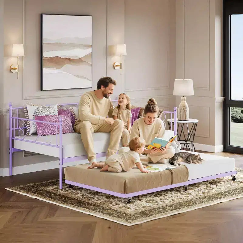 Lit de repos jumeau en métal avec lit gigogne, support à lattes en acier de qualité supérieure, lit gigogne peu encombrant pour salon, chambre à coucher et chambre d'amis
