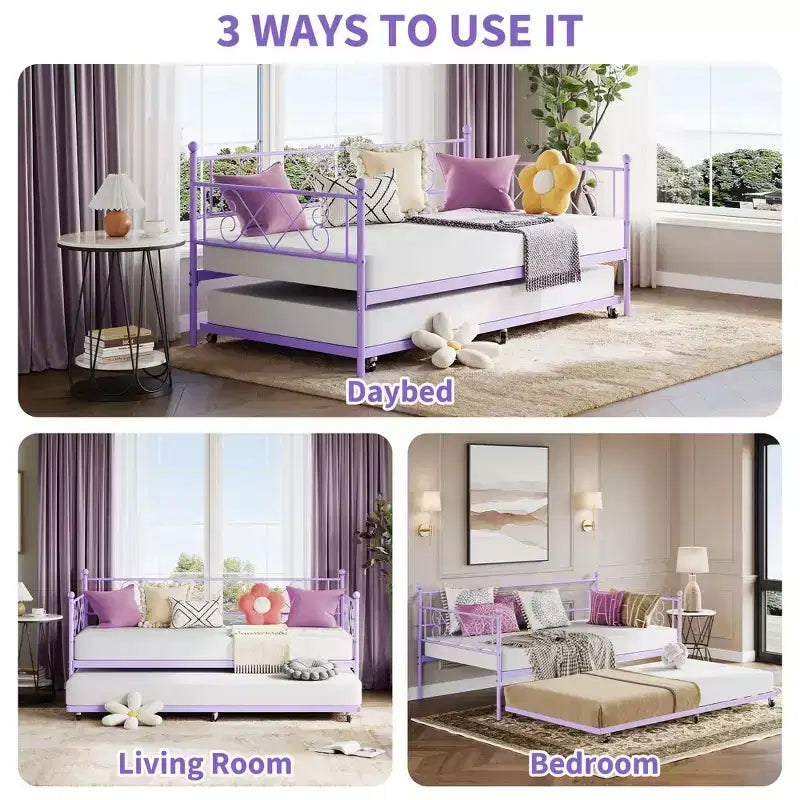 Lit de repos jumeau en métal avec lit gigogne, support à lattes en acier de qualité supérieure, lit gigogne peu encombrant pour salon, chambre à coucher et chambre d'amis