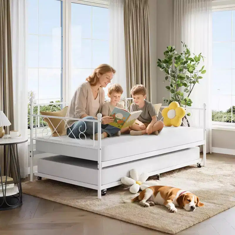 Lit de repos jumeau en métal avec lit gigogne, support à lattes en acier de qualité supérieure, lit gigogne peu encombrant pour salon, chambre à coucher et chambre d'amis