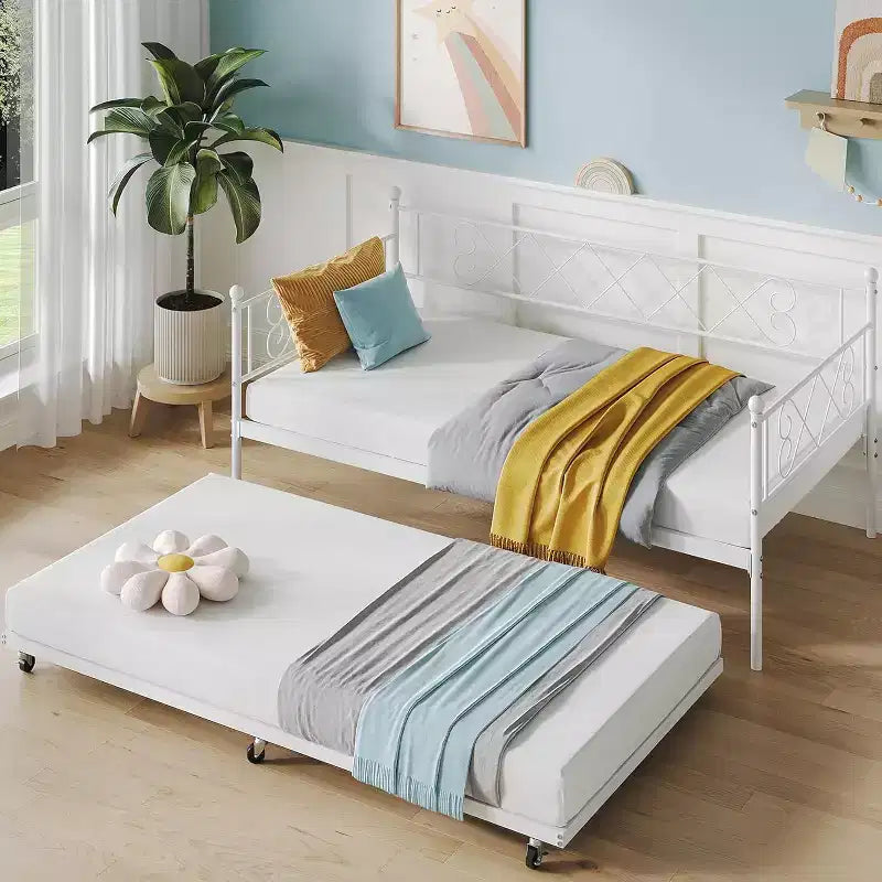 Lit de repos jumeau en métal avec lit gigogne, support à lattes en acier de qualité supérieure, lit gigogne peu encombrant pour salon, chambre à coucher et chambre d'amis
