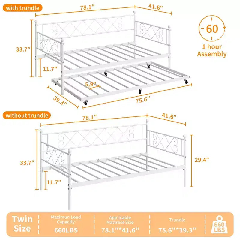 Lit de repos jumeau en métal avec lit gigogne, support à lattes en acier de qualité supérieure, lit gigogne peu encombrant pour salon, chambre à coucher et chambre d'amis