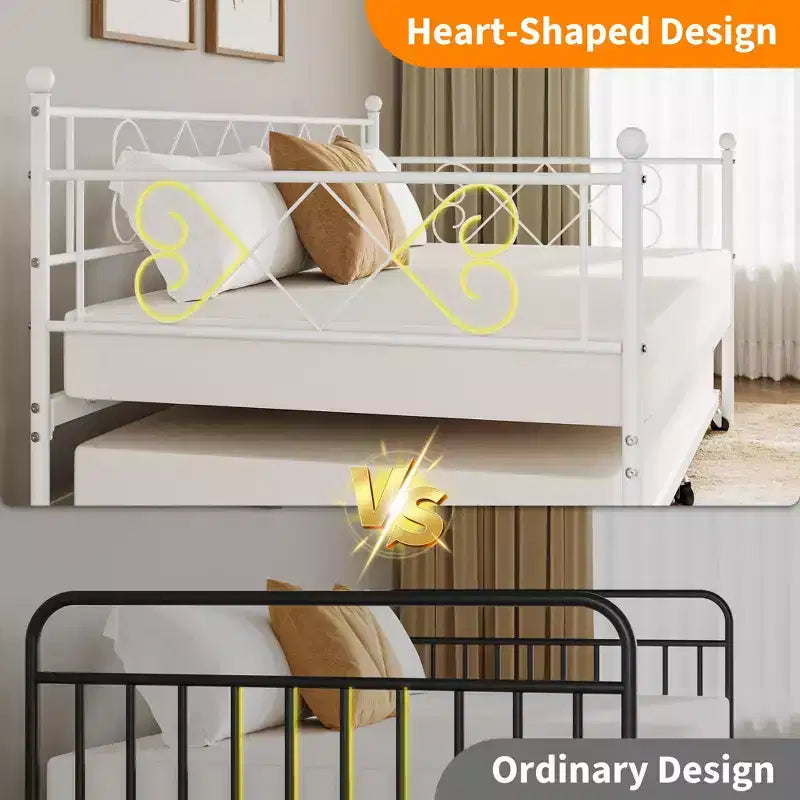 Lit de repos jumeau en métal avec lit gigogne, support à lattes en acier de qualité supérieure, lit gigogne peu encombrant pour salon, chambre à coucher et chambre d'amis