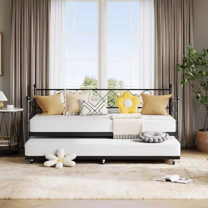 Twin Metal Daybed with Trundle, Premium Steel Slat Support, Space Saving Trundle Sofa Bed for Living Room, Bedroom and Guest Room