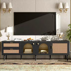 Meuble TV en rotin MAYEERTY avec 3 placards et 2 tiroirs, Meuble TV console inspiré du rotin pour téléviseurs jusqu'à 80 pouces, Meuble TV pour salon, Noir
