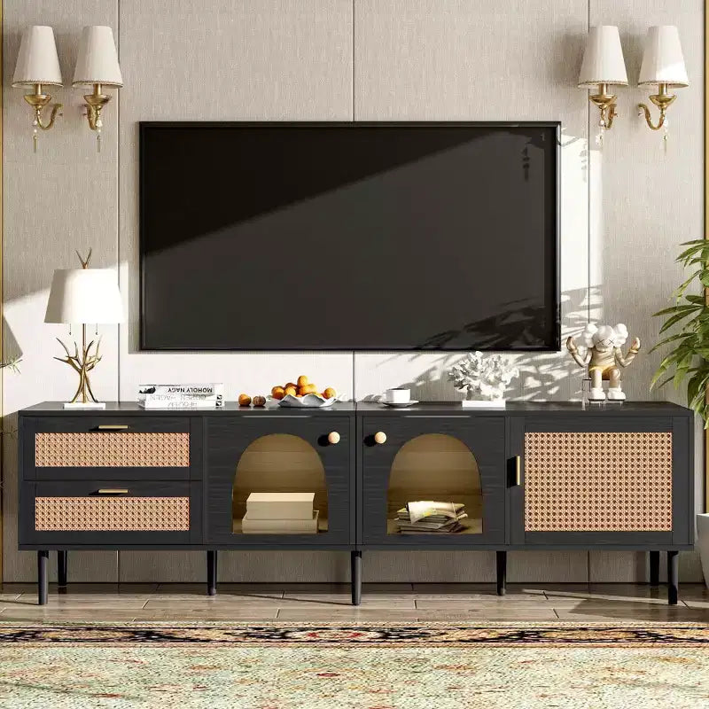 Meuble TV en rotin MAYEERTY avec 3 placards et 2 tiroirs, Meuble TV console inspiré du rotin pour téléviseurs jusqu'à 80 pouces, Meuble TV pour salon, Noir