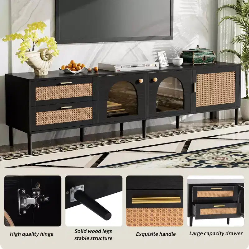 Meuble TV en rotin MAYEERTY avec 3 placards et 2 tiroirs, Meuble TV console inspiré du rotin pour téléviseurs jusqu'à 80 pouces, Meuble TV pour salon, Noir