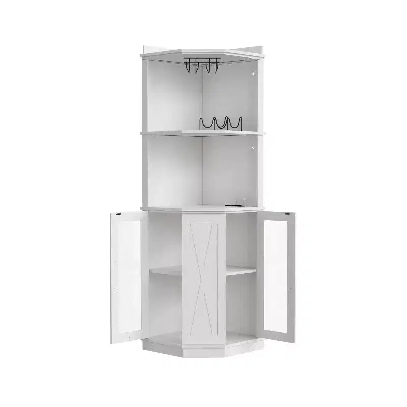 67,3 Bar d'angle de ferme avec lumières LED, prises de courant/ports USB, porte-verres et étagères réglables, blanc - ModernLuxe