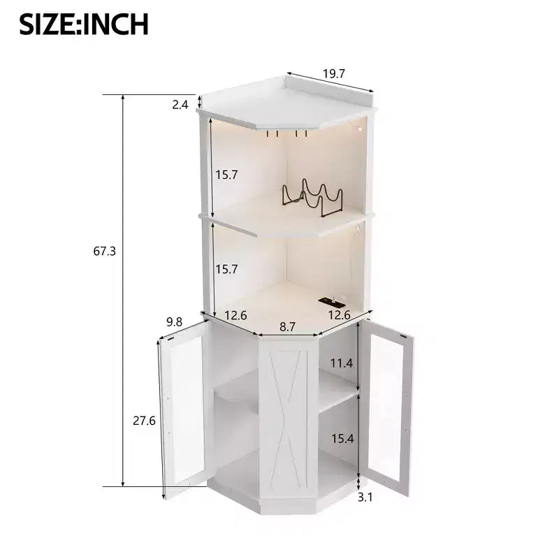 67,3 Bar d'angle de ferme avec lumières LED, prises de courant/ports USB, porte-verres et étagères réglables, blanc - ModernLuxe
