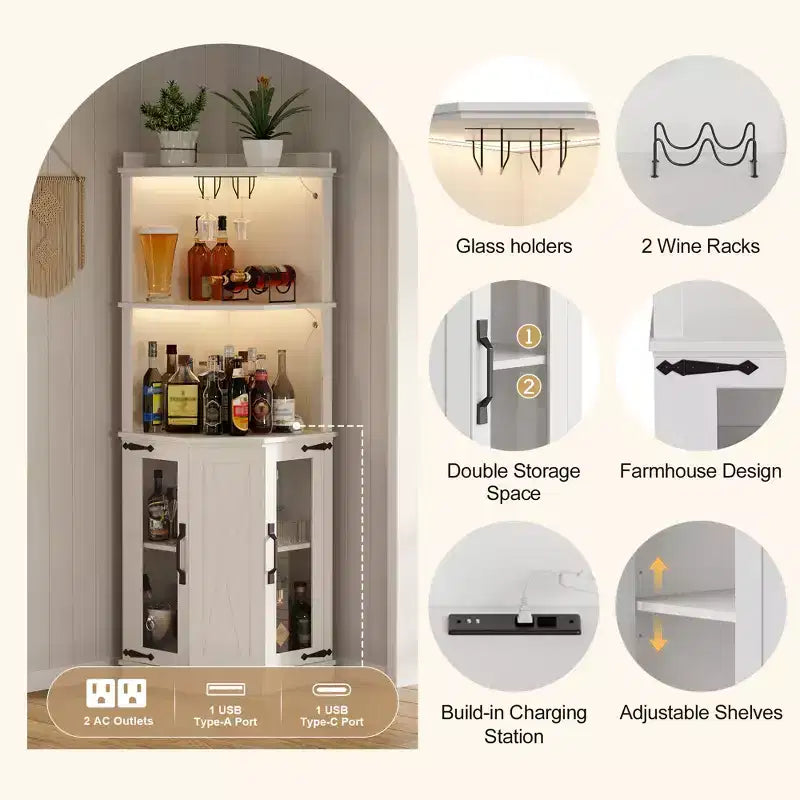 67,3 Bar d'angle de ferme avec lumières LED, prises de courant/ports USB, porte-verres et étagères réglables, blanc - ModernLuxe