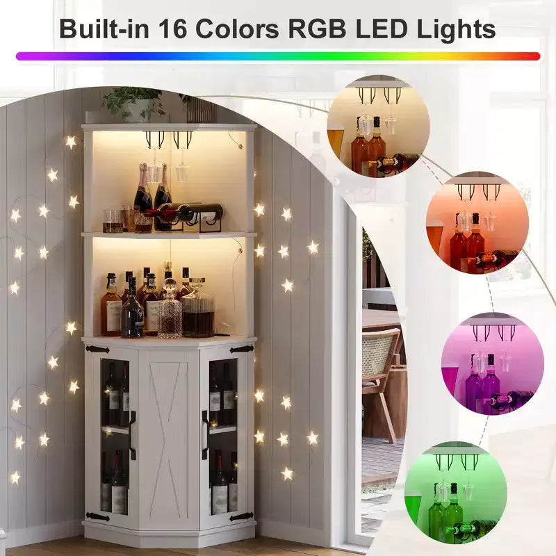 67,3 Bar d'angle de ferme avec lumières LED, prises de courant/ports USB, porte-verres et étagères réglables, blanc - ModernLuxe