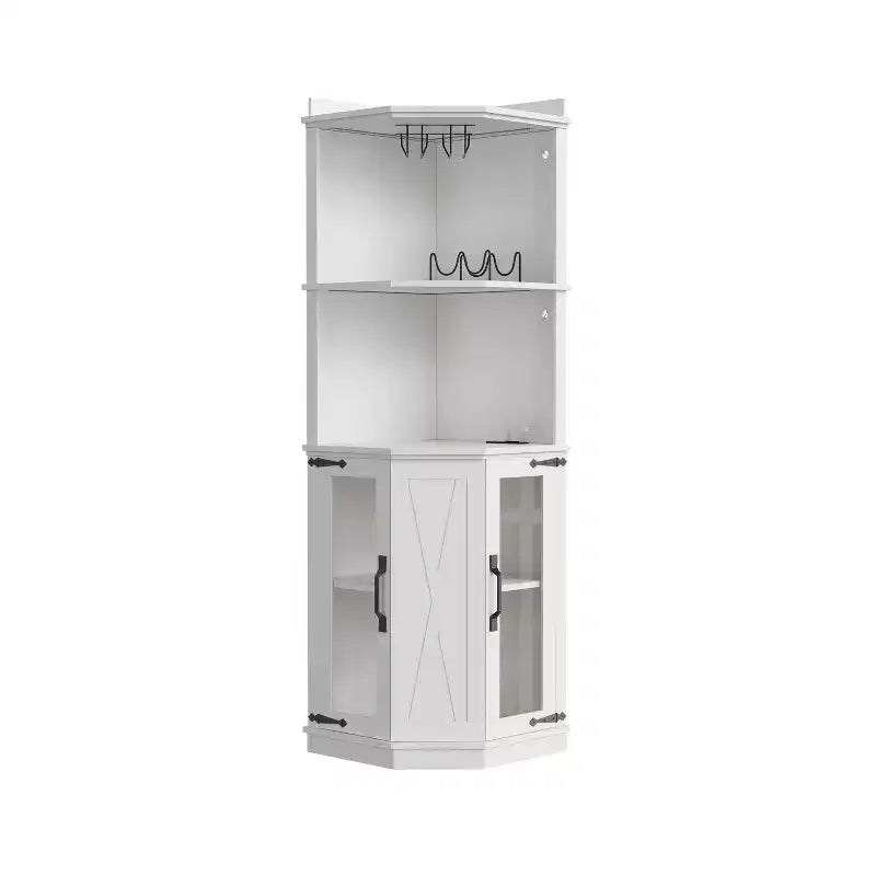 67,3 Bar d'angle de ferme avec lumières LED, prises de courant/ports USB, porte-verres et étagères réglables, blanc - ModernLuxe