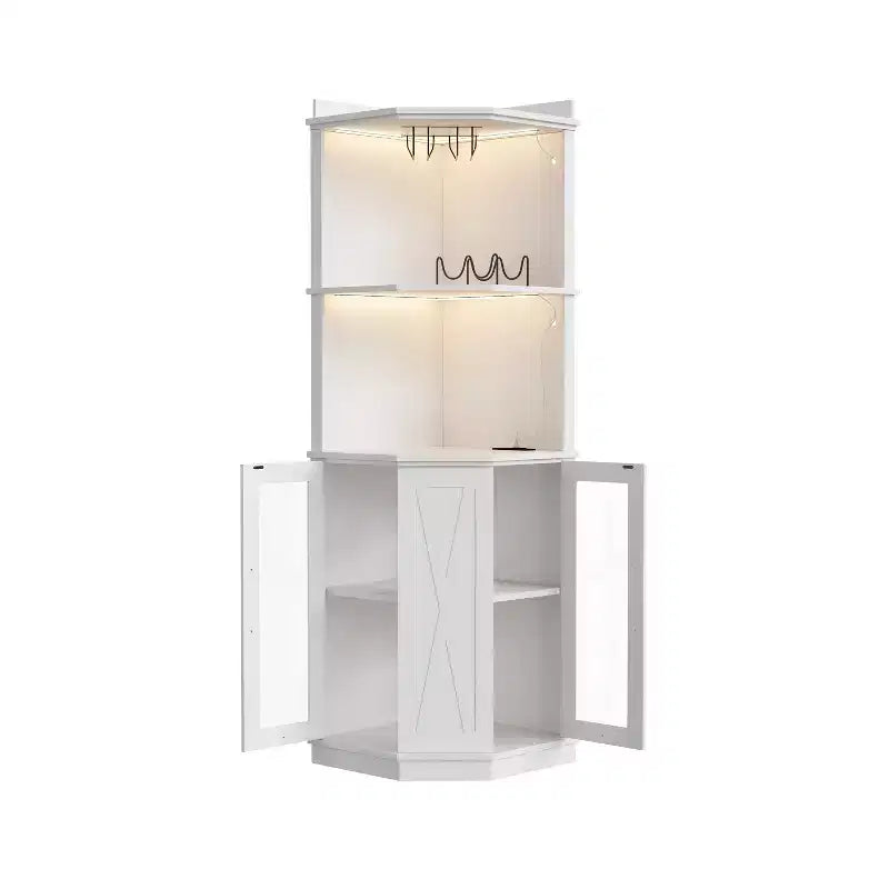 67,3 Bar d'angle de ferme avec lumières LED, prises de courant/ports USB, porte-verres et étagères réglables, blanc - ModernLuxe