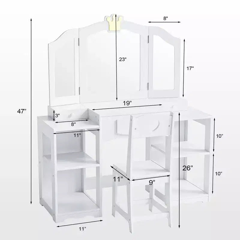 Table et Chaise de Coiffeuse pour Enfants Karl Home, Meuble de Rangement Coiffeuse Filles 2 en 1 avec Miroir Triptyque