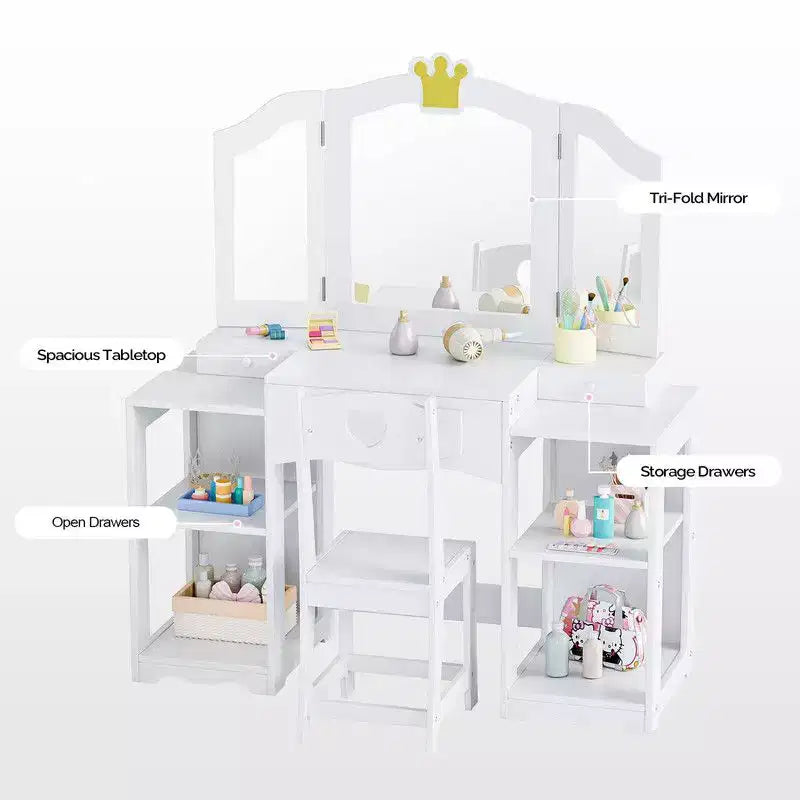 Table et Chaise de Coiffeuse pour Enfants Karl Home, Meuble de Rangement Coiffeuse Filles 2 en 1 avec Miroir Triptyque