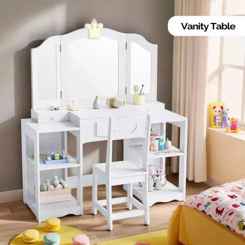 Table et Chaise de Coiffeuse pour Enfants Karl Home, Meuble de Rangement Coiffeuse Filles 2 en 1 avec Miroir Triptyque