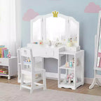 Table et Chaise de Coiffeuse pour Enfants Karl Home, Meuble de Rangement Coiffeuse Filles 2 en 1 avec Miroir Triptyque