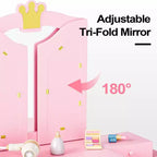 Table et Chaise de Coiffeuse pour Enfants Karl Home, Meuble de Rangement Coiffeuse Filles 2 en 1 avec Miroir Triptyque