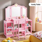 Table et Chaise de Coiffeuse pour Enfants Karl Home, Meuble de Rangement Coiffeuse Filles 2 en 1 avec Miroir Triptyque