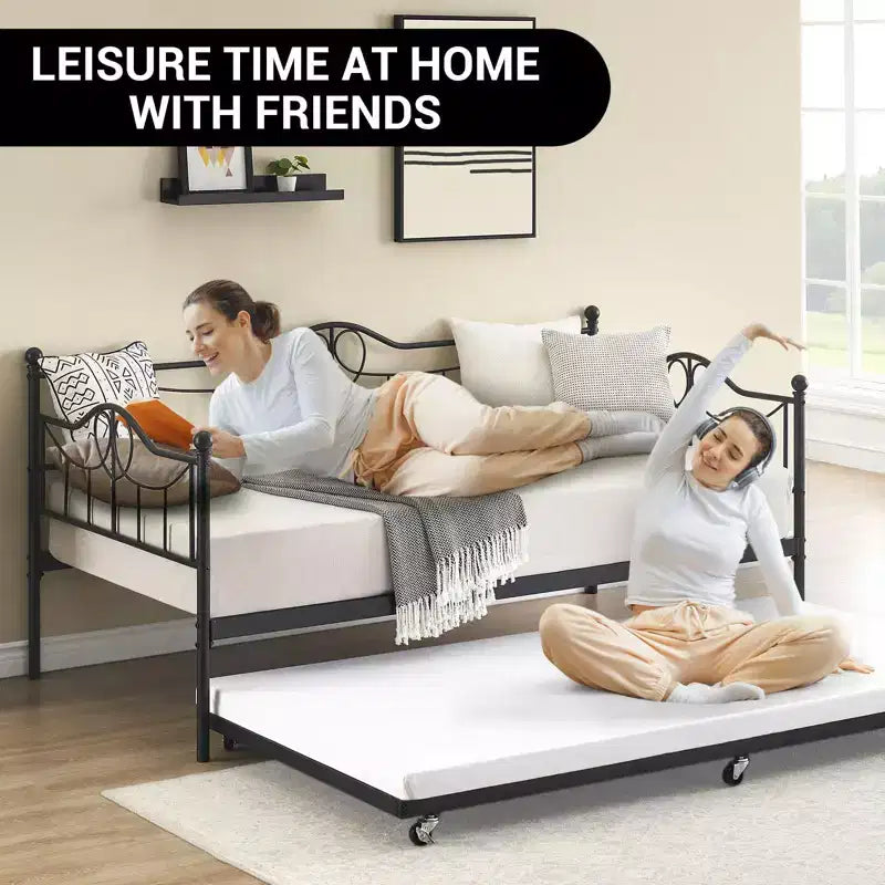 Lit de repos double avec lit gigogne, Lit de repos noir avec dossier, Cadre de lit avec lit gigogne escamotable, Lattes en acier robustes, pour chambre d'amis