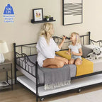 Lit de repos double avec lit gigogne, Lit de repos noir avec dossier, Cadre de lit avec lit gigogne escamotable, Lattes en acier robustes, pour chambre d'amis