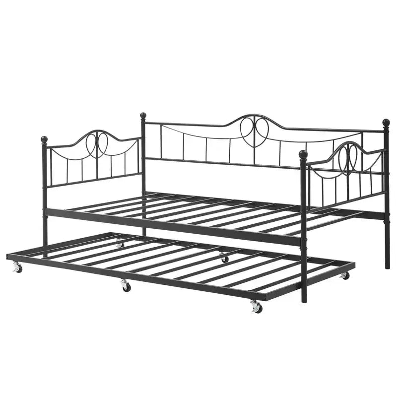 Lit de repos double avec lit gigogne, Lit de repos noir avec dossier, Cadre de lit avec lit gigogne escamotable, Lattes en acier robustes, pour chambre d'amis