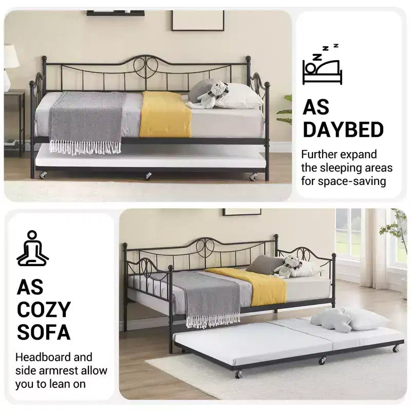 Lit de repos double avec lit gigogne, Lit de repos noir avec dossier, Cadre de lit avec lit gigogne escamotable, Lattes en acier robustes, pour chambre d'amis