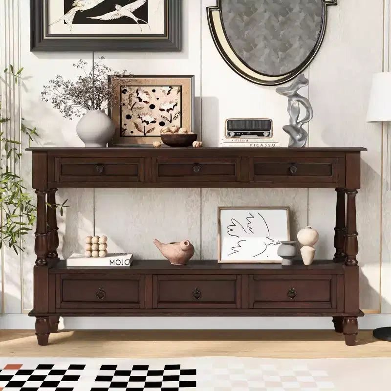 Console étroite en bois massif de 137 cm avec rangement, table de canapé moderne à 2 niveaux, table d'entrée pour salon, couloir ou hall d'entrée - Panipeachy