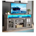 LED Farmhouse TV Stand for 75 Inch , Entertainment Center with Glass Doors & Power Outlets, Media Console Cabinet for Living Room,Grey