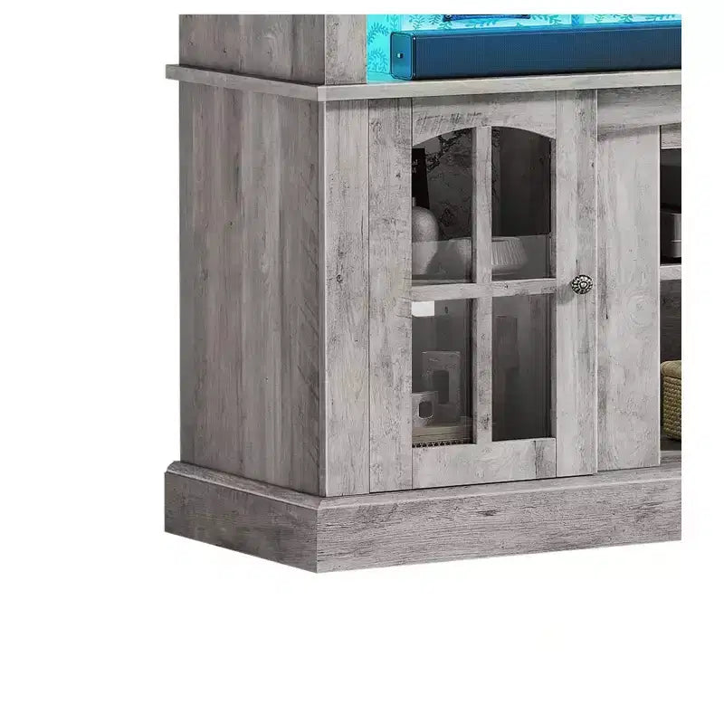 Meuble TV de ferme à LED pour téléviseur de 75 pouces, centre de divertissement avec portes en verre et prises de courant, meuble console média pour salon, gris