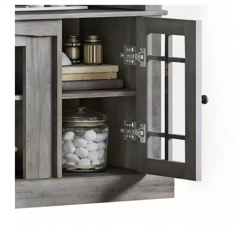 Meuble TV de ferme à LED pour téléviseur de 75 pouces, centre de divertissement avec portes en verre et prises de courant, meuble console média pour salon, gris
