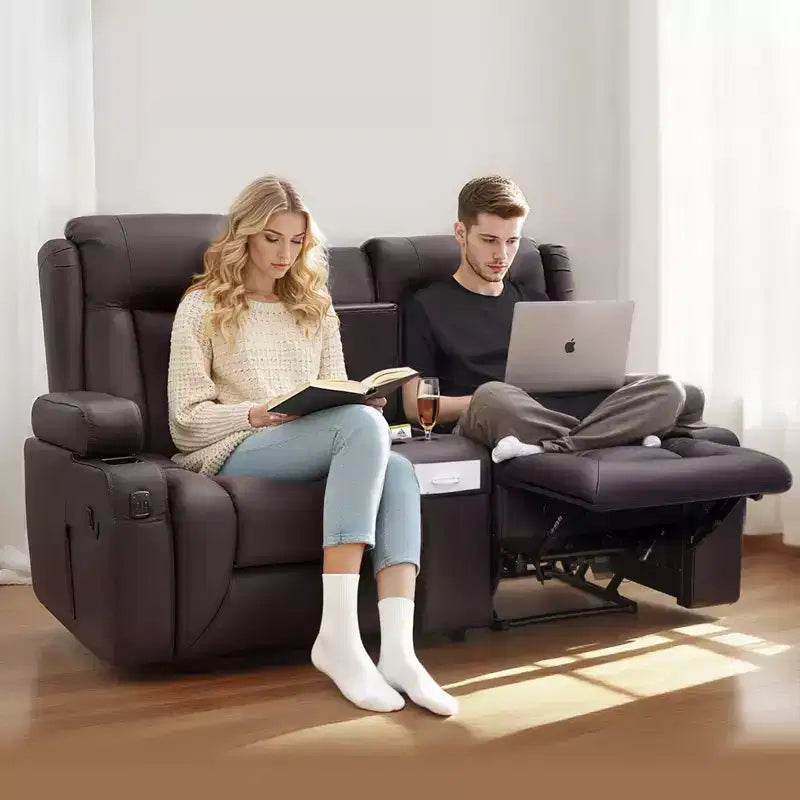 VEVOR Canapé inclinable deux places, Canapé inclinable en similicuir PU avec ports USB, porte-gobelets et sacs de rangement, Marron