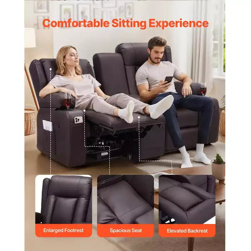 VEVOR Canapé inclinable deux places, Canapé inclinable en similicuir PU avec ports USB, porte-gobelets et sacs de rangement, Marron