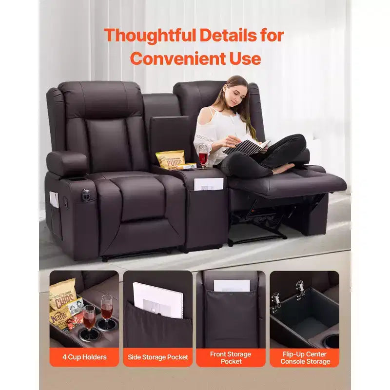 VEVOR Canapé inclinable deux places, Canapé inclinable en similicuir PU avec ports USB, porte-gobelets et sacs de rangement, Marron