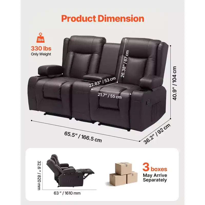 VEVOR Canapé inclinable deux places, Canapé inclinable en similicuir PU avec ports USB, porte-gobelets et sacs de rangement, Marron