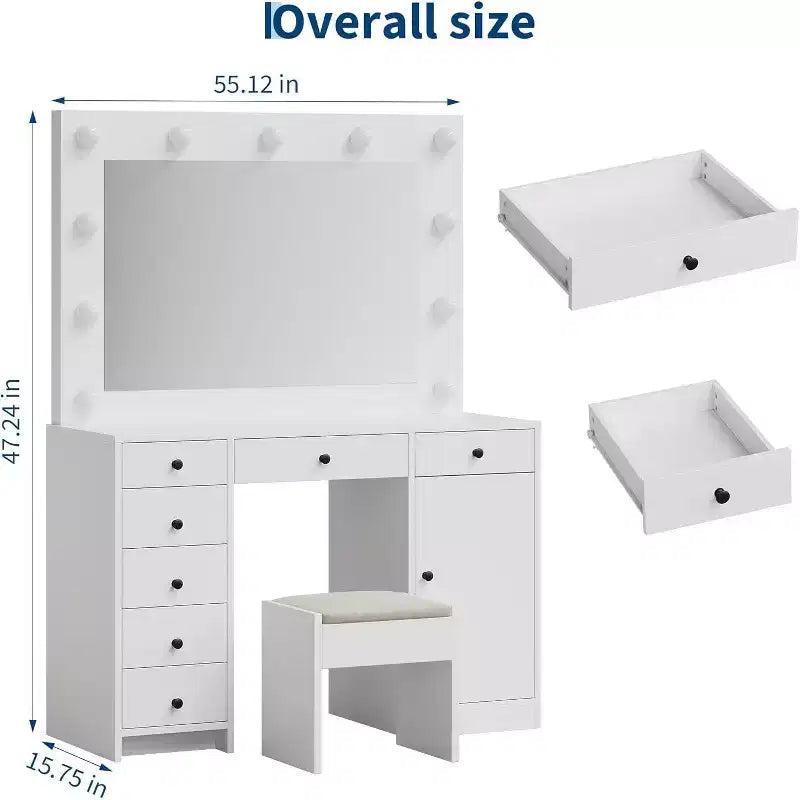 Coiffeuse Moderne Blanche de 119 cm avec Miroir, Lampe, Station de Charge, 3 Modes d'Éclairage Réglables, 7 Tiroirs de Rangement et 1 Porte