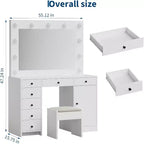 Coiffeuse Moderne Blanche de 119 cm avec Miroir, Lampe, Station de Charge, 3 Modes d'Éclairage Réglables, 7 Tiroirs de Rangement et 1 Porte