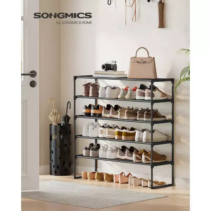 Étagère à chaussures empilable à 5 niveaux, organisateur de chaussures en métal de 92 cm avec capacité de 10 kg par niveau, droite et réversible pour l'entrée, noir