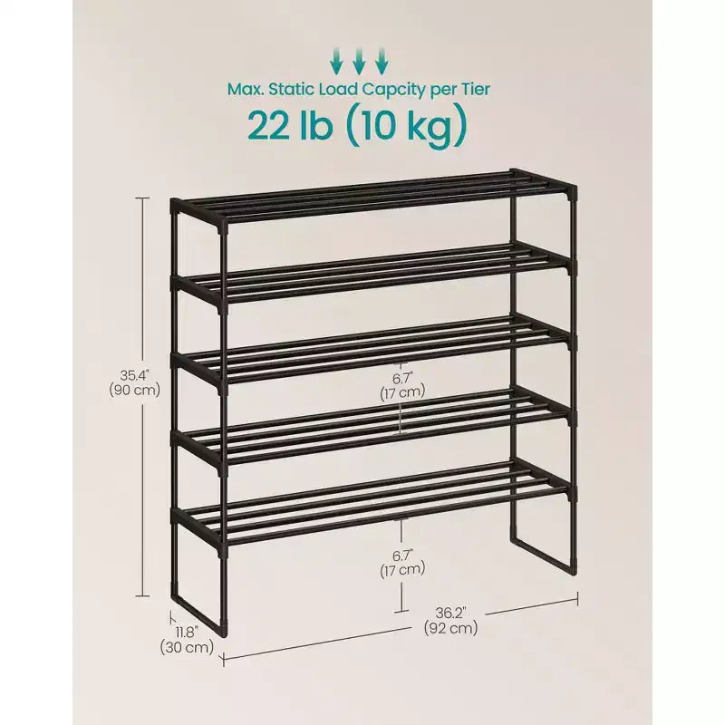 Étagère à chaussures empilable à 5 niveaux, organisateur de chaussures en métal de 92 cm avec capacité de 10 kg par niveau, droite et réversible pour l'entrée, noir