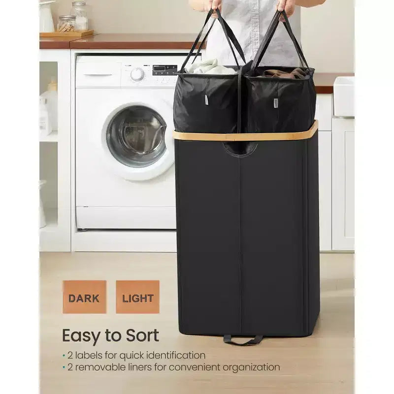Panier à linge avec 2 couvercles, panier à double compartiment de 147 litres avec doublures amovibles, pour buanderie, chambre à coucher, salon