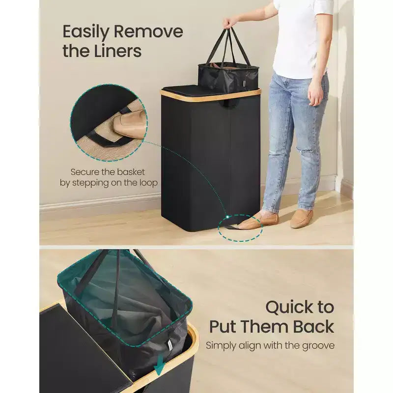 Panier à linge avec 2 couvercles, panier à double compartiment de 147 litres avec doublures amovibles, pour buanderie, chambre à coucher, salon