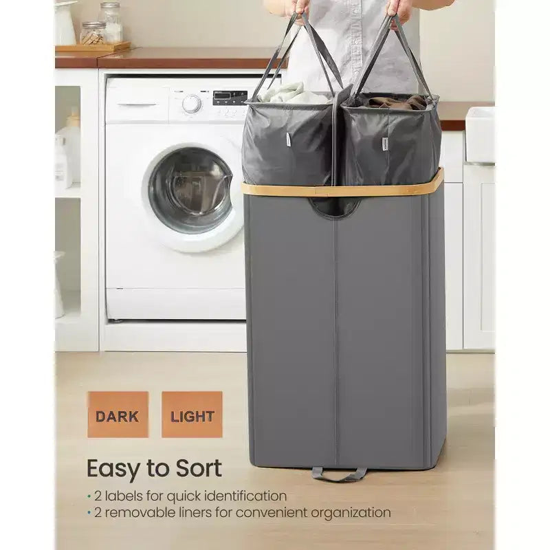 Panier à linge avec 2 couvercles, panier à double compartiment de 147 litres avec doublures amovibles, pour buanderie, chambre à coucher, salon