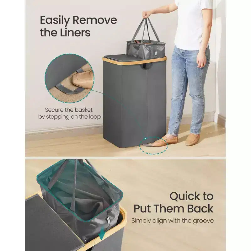 Panier à linge avec 2 couvercles, panier à double compartiment de 147 litres avec doublures amovibles, pour buanderie, chambre à coucher, salon