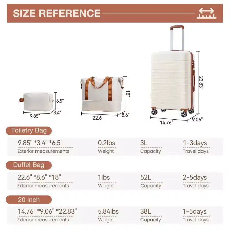 Ensemble de 3 valises - Lot de valises rigides blanches et marron (bagage cabine 50 cm + sac de voyage, roues pivotantes et serrure TSA, homologué pour les voyages en avion pour femmes)