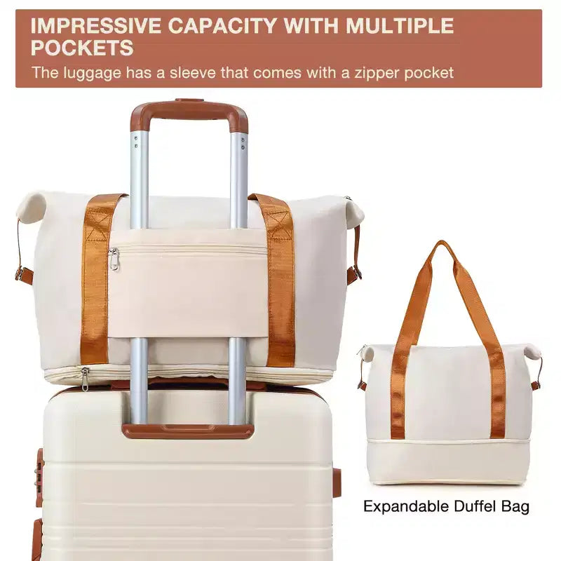 Ensemble de 3 valises - Lot de valises rigides blanches et marron (bagage cabine 50 cm + sac de voyage, roues pivotantes et serrure TSA, homologué pour les voyages en avion pour femmes)